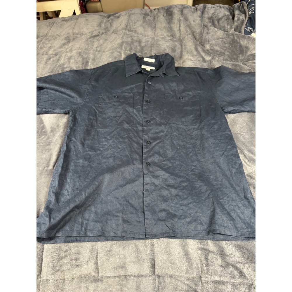 Visitor Mens Navy Blue 100% Washable Linen Short Sleeve Button Down Shirt Large‎